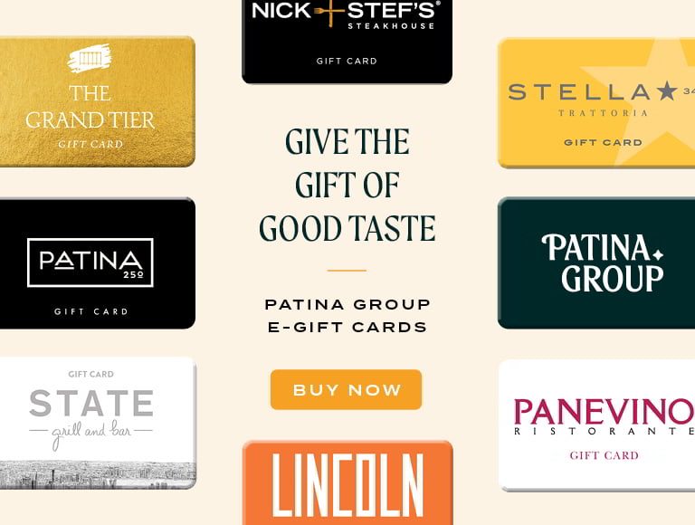 Patina Group e-gift cards promotion with a ‘Buy Now’ call to action.
