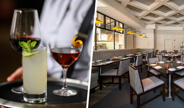 Dining area and drinks served at Patina 250 in downtown Buffalo, NY